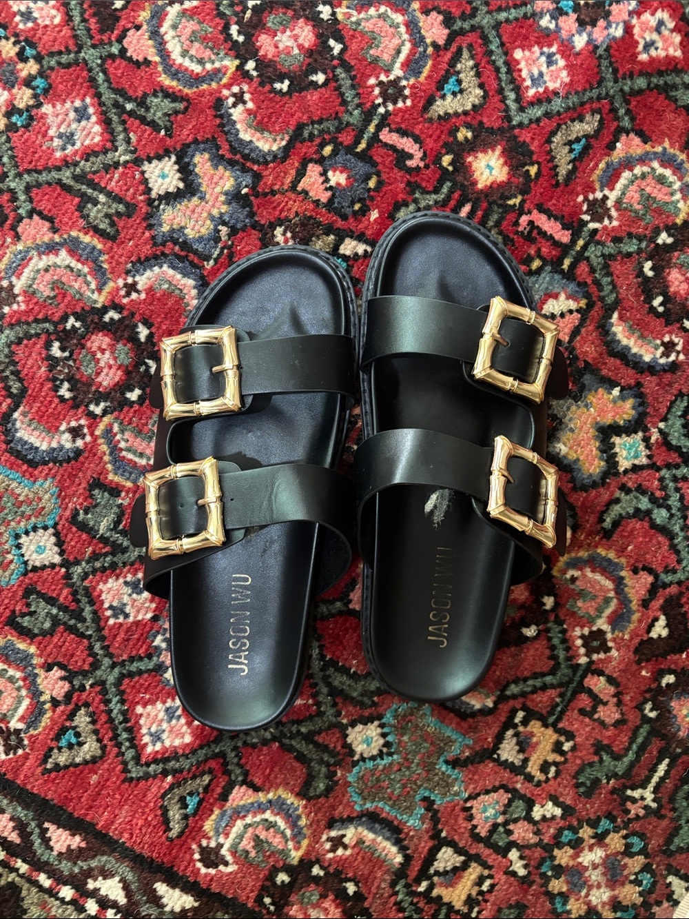 Jason Wu Black Slide Sandals with Gold Bamboo Buckles